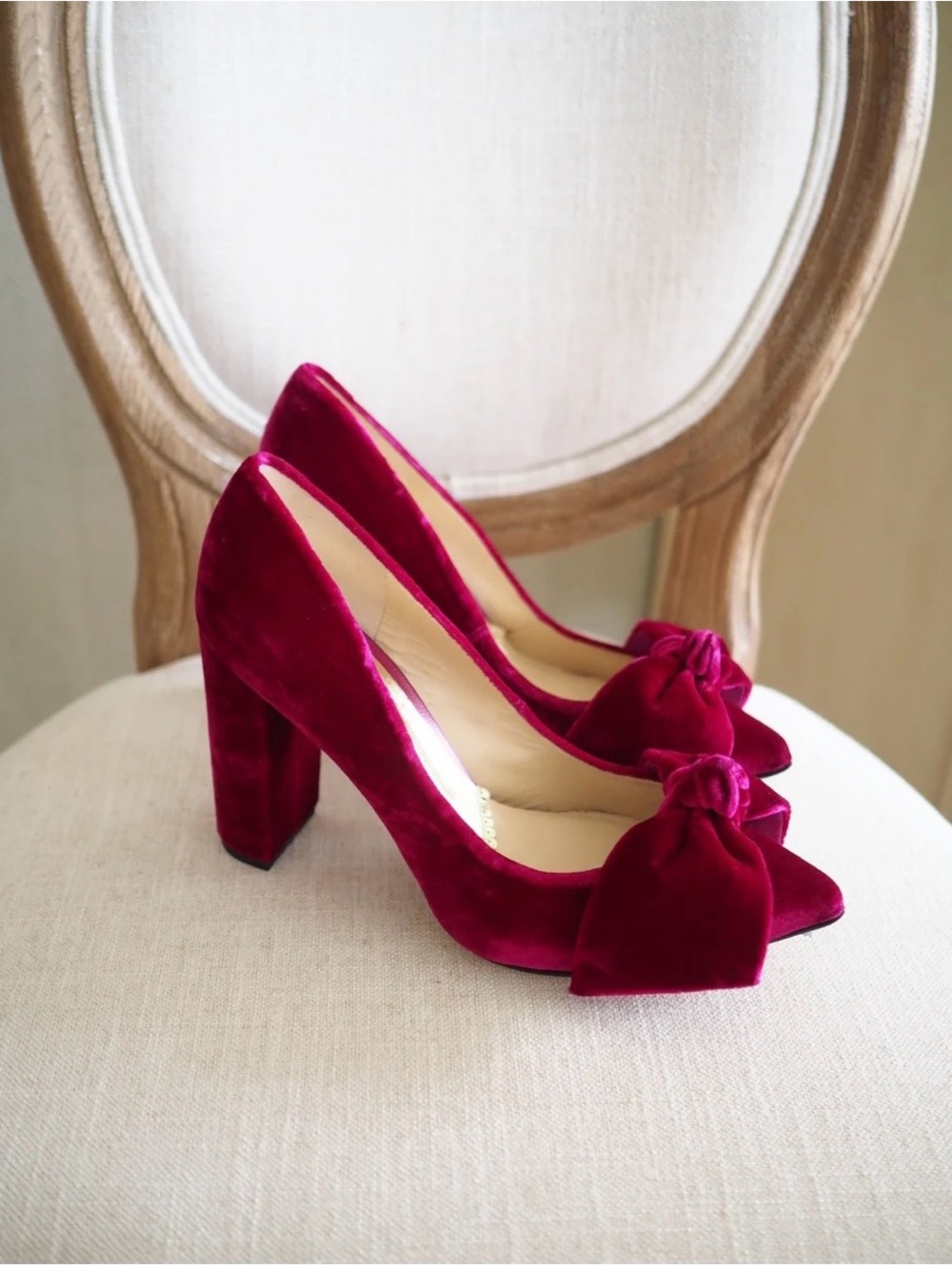 Velvet Bow Block Heel Pumps in Rich Berry